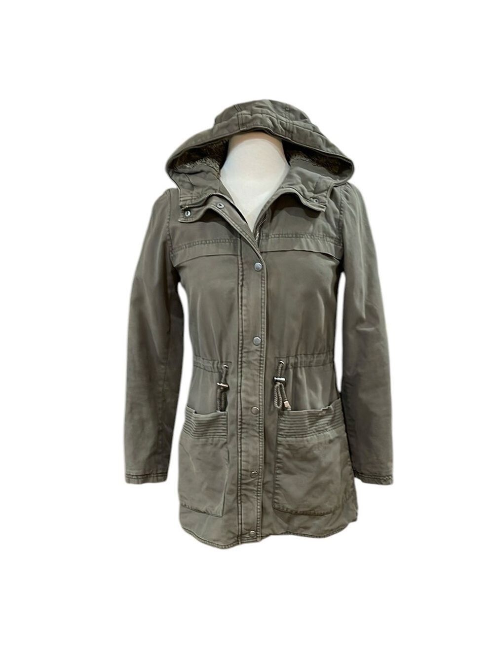 Levis Army Utility Hooded Jacket Faux Fur Lined Hood Quilted Lining SZ XS Olive